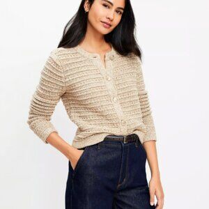 ANN TAYLOR LOFT TEXTURED SWEATER JACKET GOLD BUTTON NUETRAL MULTI TAN $90 XS